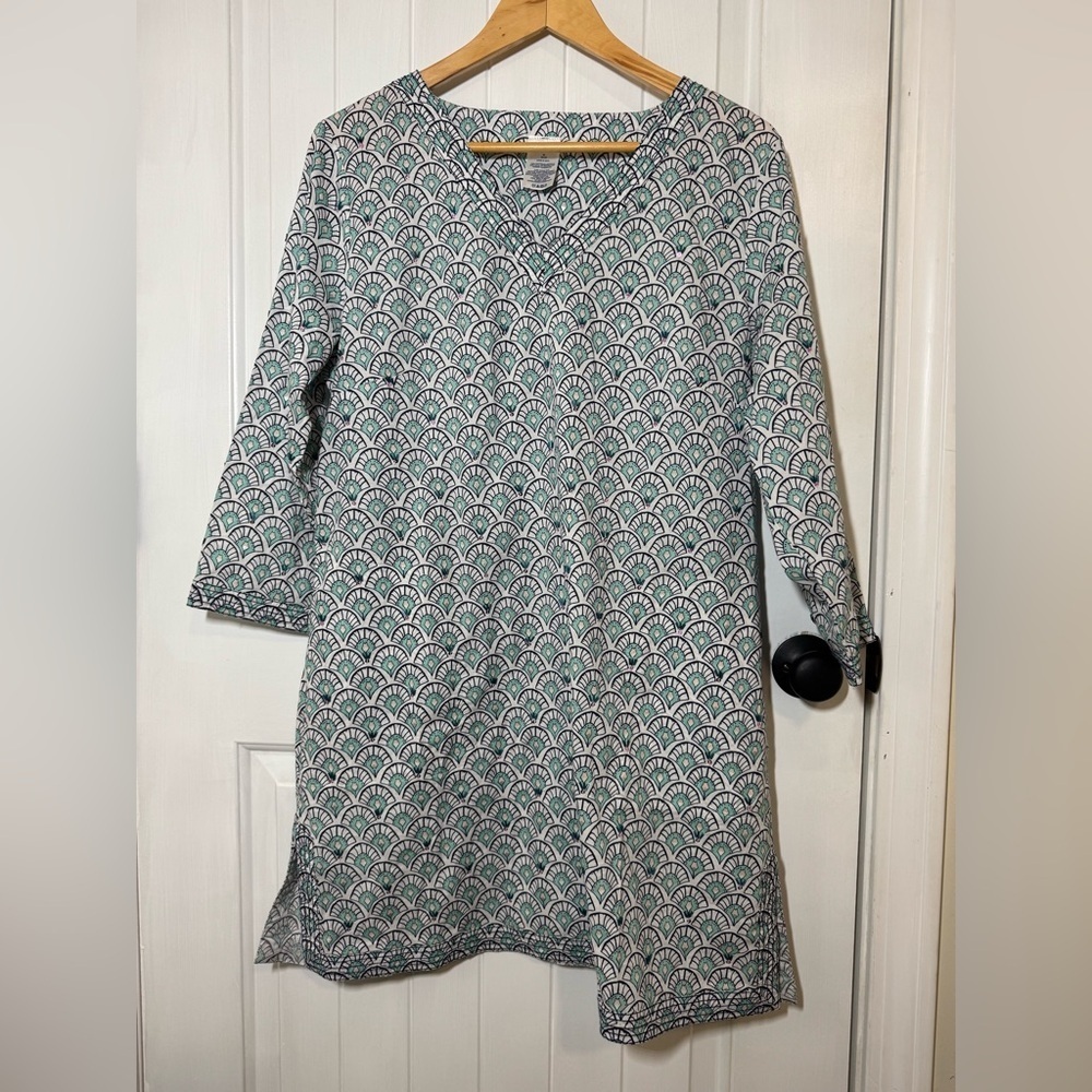 Lands' End Blue and Teal Casual 3/4 Sleeve 100% Cotton Beachy Coverup